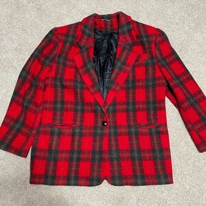Red Plaid Wool Blend Blazer